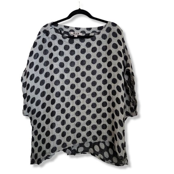 Flax Tops - Flax 100% Linen Back Slit Tee, Asphalt Dots sz Large L Coastal grandmacore